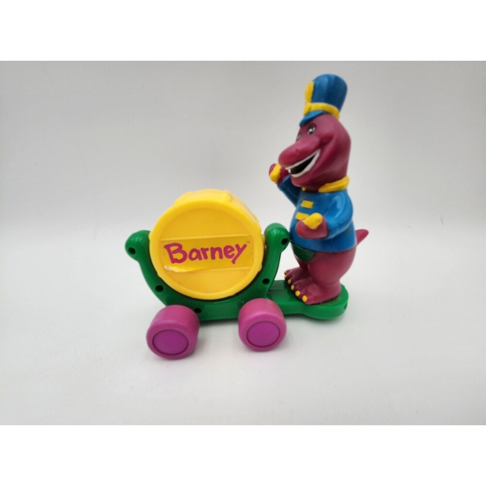 Vtg Barney The Dinosaur Drum band Rolling Clicking Cart Toy 1997 Lyons